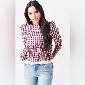 Hunter Bell Delilah Top Peplum Check Print Eyelet Lace Trim Sz Xs Red Purple